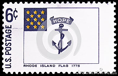 Postage stamp printed in United States shows Rhode Island, 1775, Historic Flag Series, circa 1968 Editorial Stock Photo