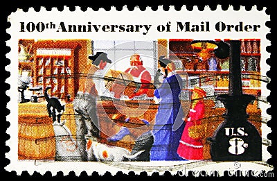 Postage stamp printed in United States shows Rural Post Office Store, Mail Order Business Issue serie, 8 c - United States cent, Editorial Stock Photo