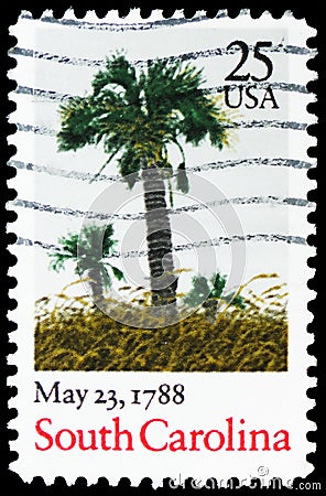 Postage stamp printed in United States shows South Carolina Ratification Date, Ratification of the Constitution Bicentennial serie Editorial Stock Photo