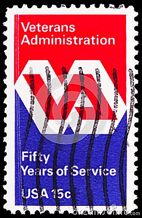Postage stamp printed in United States shows Veterans Administration Emblem, Veterans Administration, 50th Anniversary Issue serie Editorial Stock Photo