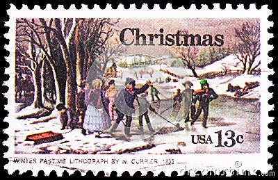 Postage stamp printed in United States shows `Winter Pasttime,` by Nathaniel Currier, Christmas serie, circa 1976 Editorial Stock Photo