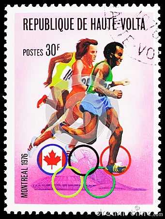 Postage stamp printed in Upper Volta (Burkina Faso) shows Long-distance running, Olympic Games serie, circa 1976 Editorial Stock Photo