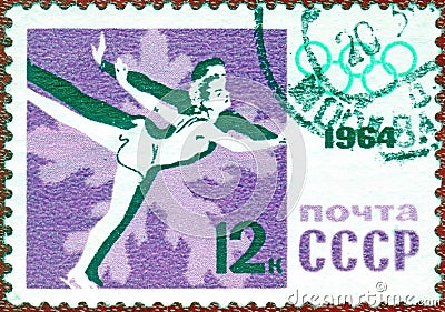 Postage stamp printed in the USSR with the image of the pair figure skating, from the series `Innsbruck, IX Winter Olympics 1964` Editorial Stock Photo