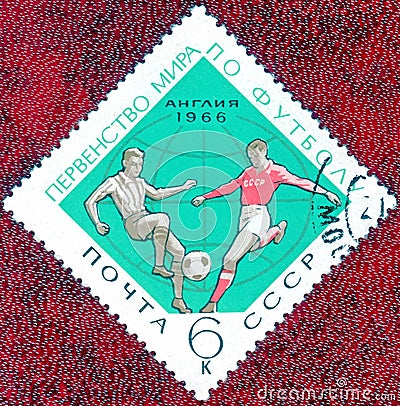 Postage stamp printed in USSR with a picture of a footballs players, with the inscription `World Football Cup England 1966` Editorial Stock Photo