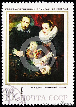 Postage stamp printed in USSR Russia shows Family Portrait, Van Dyck 1621, Foreign Paintings in Soviet Museums serie, circa Editorial Stock Photo