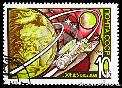 Postage stamp printed in USSR shows Zond-5 in Lunar Orbit, Cosmonautics Day serie, circa 1969 Editorial Stock Photo