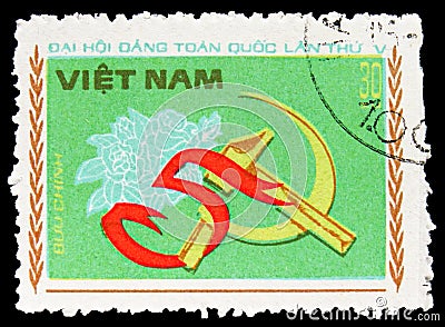 Postage stamp printed in Vietnam shows Hammer And Sickle, 5th Congress of Vietnamese Communist Party 1st series serie, circa Editorial Stock Photo