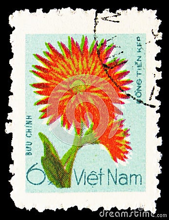 Postage stamp printed in Vietnam shows Orange cactus dahlias, Cultivated flowers serie, circa 1977 Editorial Stock Photo
