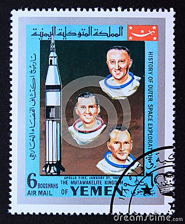 Post stamp Yemen, 1969, History of outer space exploration, Apollo 7 Editorial Stock Photo
