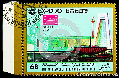 Postage stamp printed in Yemen shows General View, World exhibition EXPO '70, Osaka serie, circa 1970 Editorial Stock Photo