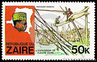 Postage stamp printed in Zaire shows Fishermen of Wagenia, Discovery of the River Zaire serie, circa 1979 Editorial Stock Photo