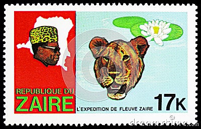 Postage stamp printed in Zaire shows Lion Panthera leo, Water Lily, Discovery of the River Zaire serie, circa 1979 Editorial Stock Photo