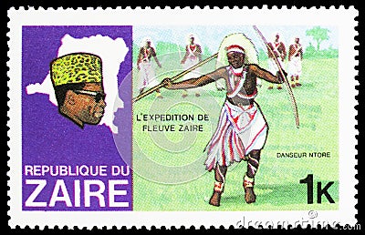 Postage stamp printed in Zaire shows Ntore-dancer, Discovery of the River Zaire serie, circa 1979 Editorial Stock Photo