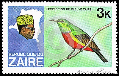 Postage stamp printed in Zaire shows Regal Sunbird Nectarinia regia, Discovery of the River Zaire serie, circa 1979 Editorial Stock Photo