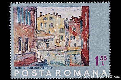 Postage stamp with a reproduction of the painting Venice by the Romanian painter Marius Bunescu Editorial Stock Photo