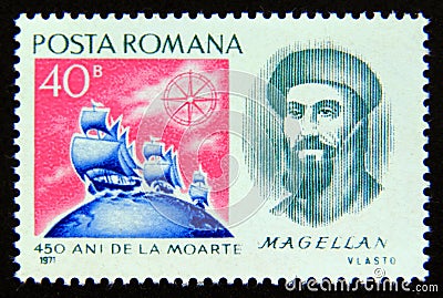 Postage stamp Romania, 1971. Magellan and sailing ships Editorial Stock Photo
