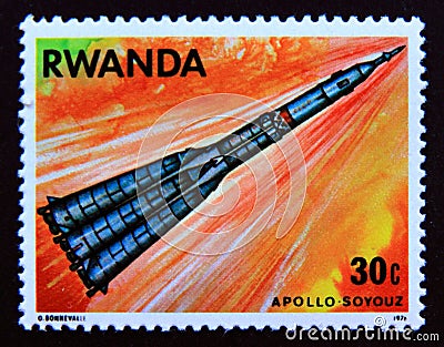 Postage stamp Rwanda, 1976. Apollo Soyuz rocket in space Editorial Stock Photo