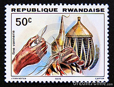 Postage stamp Rwanda, 1979. Basket weaving handcraft Editorial Stock Photo