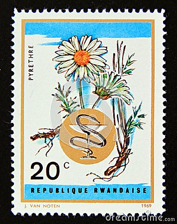 Postage stamp Rwanda, 1969. Camomile Medicinal Plant Editorial Stock Photo