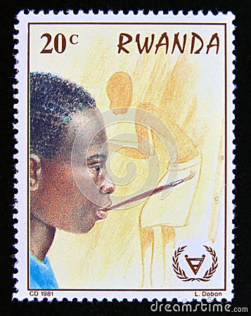 Postage stamp Rwanda, 1981. Disabled Child Painting Editorial Stock Photo