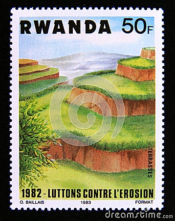 Postage stamp Rwanda, 1983. Terracing Campaign against Soil Erosion Editorial Stock Photo