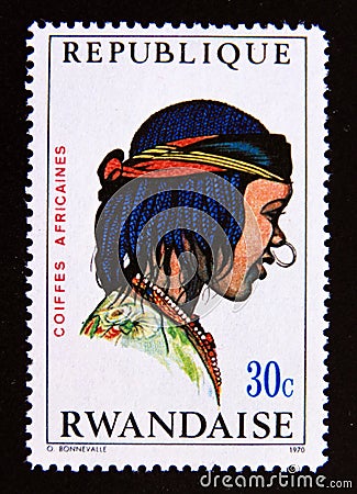 Postage stamp Rwanda, 1971. Young Toubou Woman, Chad African Hair Style Editorial Stock Photo