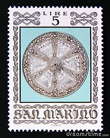 Postage stamp San Marino, 1974. Ancient knight Round Battleshield, 16th Century Editorial Stock Photo