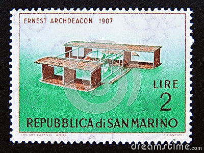 Postage stamp San Marino, 1962. Archdeacon Voisin Box kite float glider Editorial Stock Photo