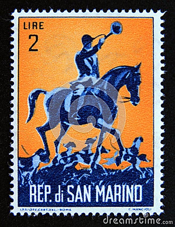 Postage stamp San Marino, 1962. Hunting Hound master on horseback Editorial Stock Photo