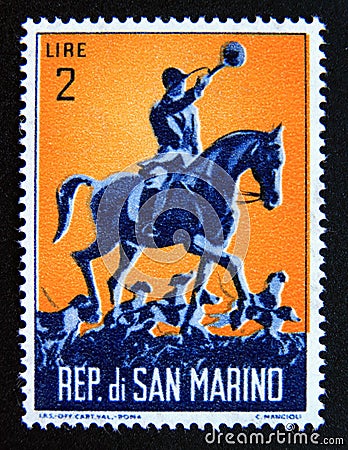 Postage stamp San Marino, 1962. Hunting scene Hound master on horseback Editorial Stock Photo