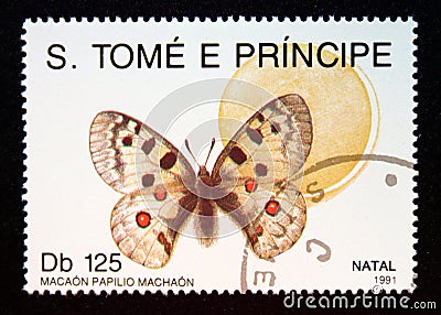 Postage stamp Sao tome and pri­ncipe, 1991. Small Apollo Parnassius phoebus butterfly Editorial Stock Photo