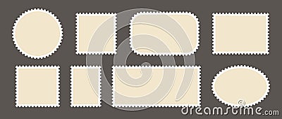 Postage stamp set. Post stamp frames and borders. Beige square and rectangular template for mail, postcard, letter Vector Illustration