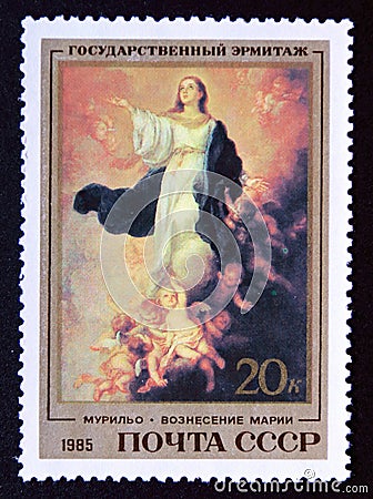 Postage stamp Soviet Union, CCCP, 1985, Assumption of Mary, Bartolome Estebano Murillo 1680 Editorial Stock Photo