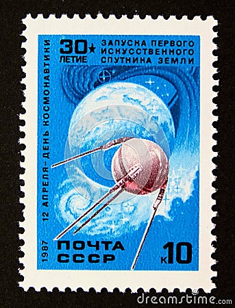 Postage stamp Soviet Union, CCCP, 1987, 30th Anniversary of First Artificial Satellite Sputnik 1 Editorial Stock Photo