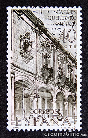 Postage stamp Spain 1970. House in Queretaro, Mexico Editorial Stock Photo