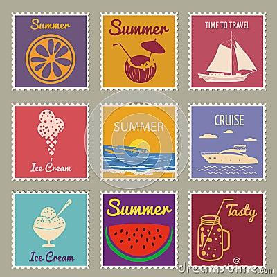 Postage stamp summer vacation Sunset Watermelon Jar Ice Cream Yacht Van Sailboat. Retro vintage design vector Vector Illustration