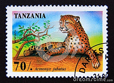 Postage stamp Tanzania, 1995. Cheetah Acinonyx Jubatus Editorial Stock Photo