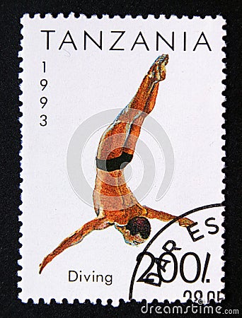 Postage stamp Tanzania 1993, diving sport contestant Editorial Stock Photo