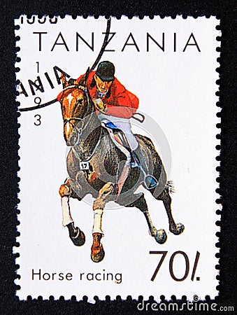 Postage stamp Tanzania 1993, Horse racing sport contestant Editorial Stock Photo