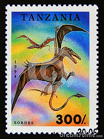 Postage stamp Tanzania, 1994. Sordes prehistoric dinosaur Editorial Stock Photo