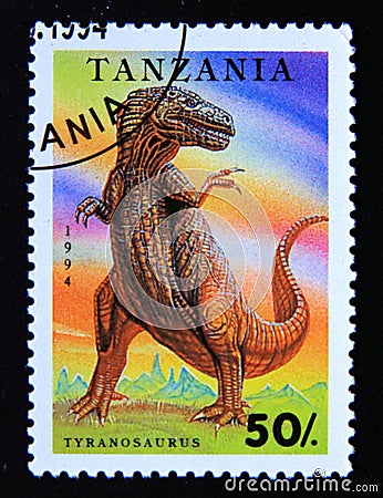 Postage stamp Tanzania, 1994. Tyrannosaurus Rex dinosaur Editorial Stock Photo