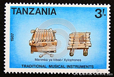 Postage stamp Tanzania 1989, Xylophones music instruments Editorial Stock Photo