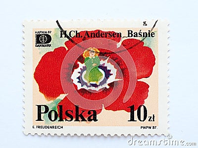 Postage stamp Thumbelina Hans Christian Andersen Tales and fables 10 PLN with postmark E.Freudenreich PWPW 87 HAFNIA 87 Editorial Stock Photo