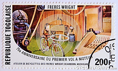 Postage stamp Togo, 1978, Bicycle Workshop of the Wright Brothers Editorial Stock Photo