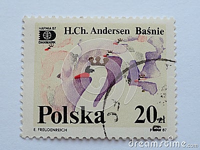 Postage stamp Ugly duckling Hans Christian Andersen Tales and fables 20 PLN with postmark E.Freudenreich PWPW 87 HAFNIA Editorial Stock Photo