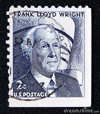 Postage stamp United States of America, USA 1968. Frank Lloyd Wright, Architect portrait Editorial Stock Photo