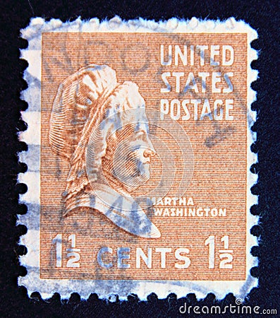 Postage stamp United States of America, USA 1938. Martha Washington, former First Lady of the usa Editorial Stock Photo