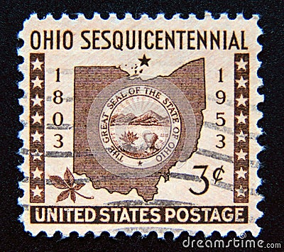 Postage stamp United States of America, USA 1953. 150 Years Ohio Statehood, Map, State Seal, Buckeye Leaf Editorial Stock Photo