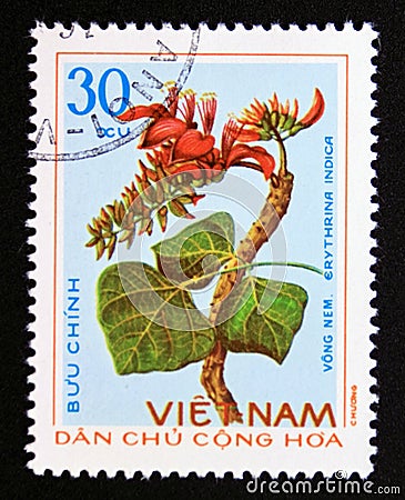 Postage stamp Vietnam, 1975. Erythrina indica medicinal plant flower Editorial Stock Photo