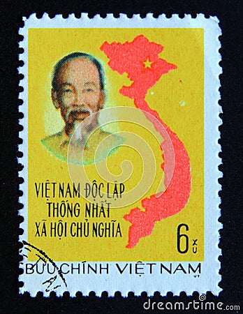 Postage stamp Vietnam, 1976. Ho Chi Minh and map of Vietnam Editorial Stock Photo